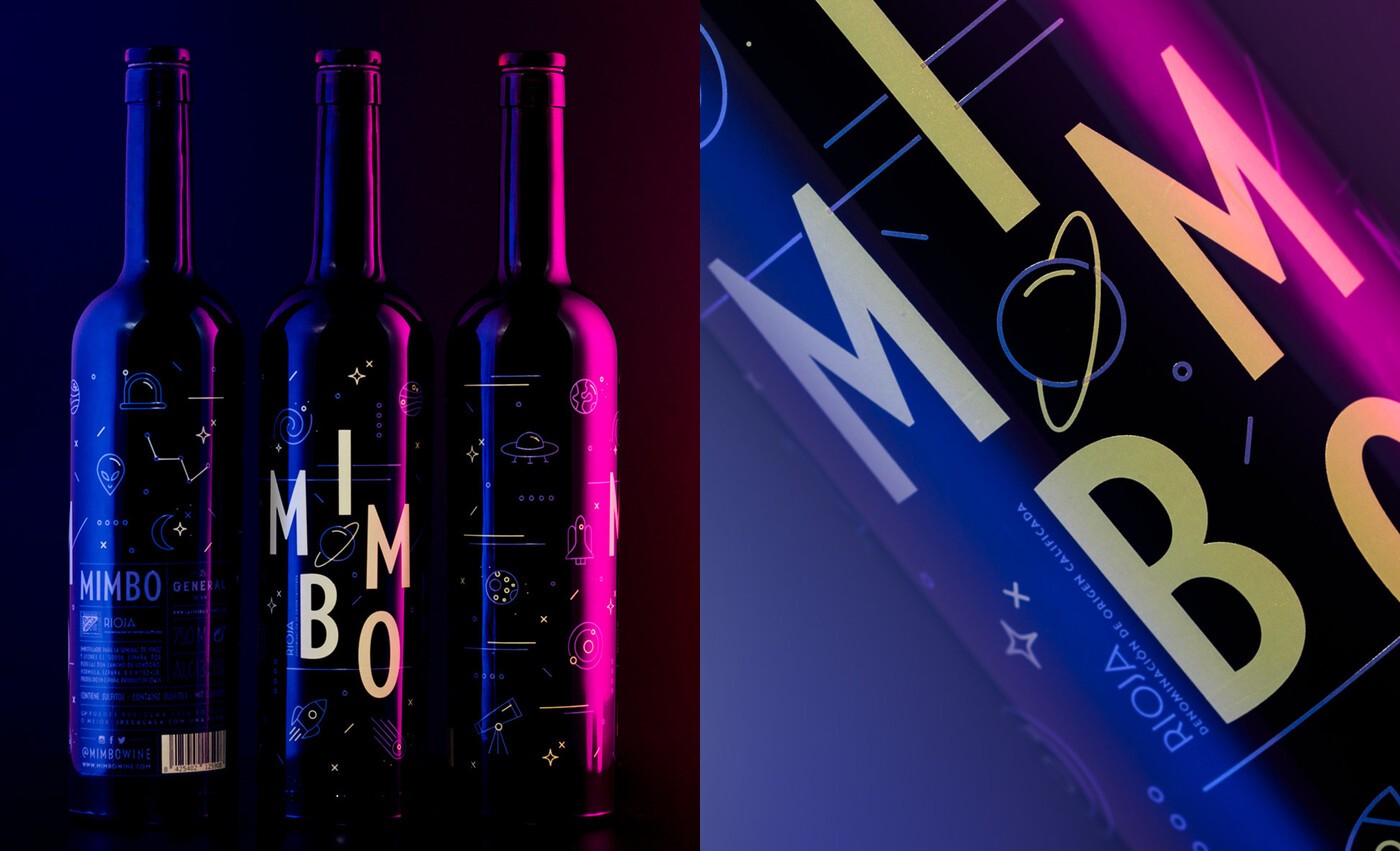 Vista general y de detalle del diseño de packaging de Mimbo tinto