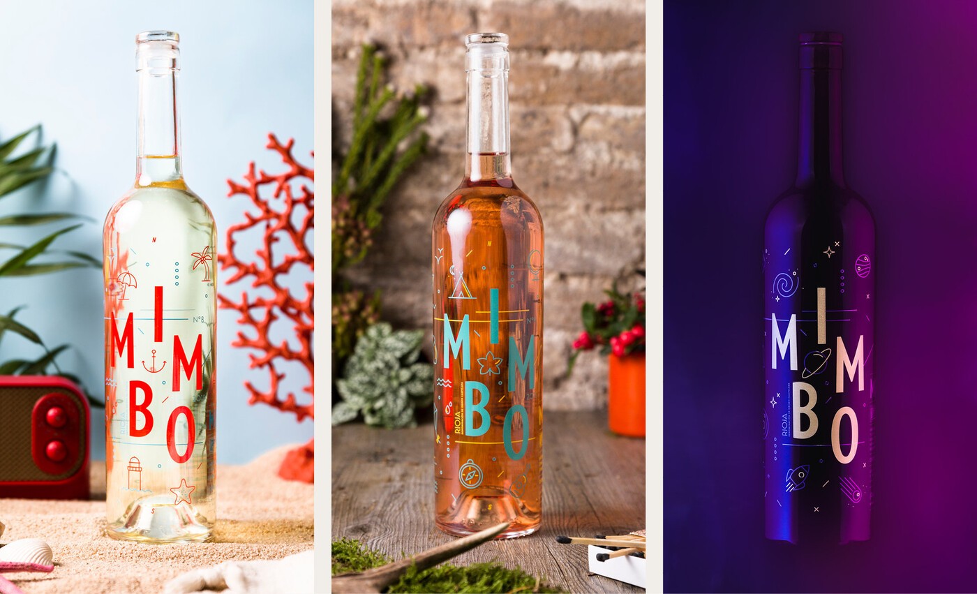 Tríptico con los diseños de packaging de las tres variedades de vino Mimbo: blanco, rosado y tinto