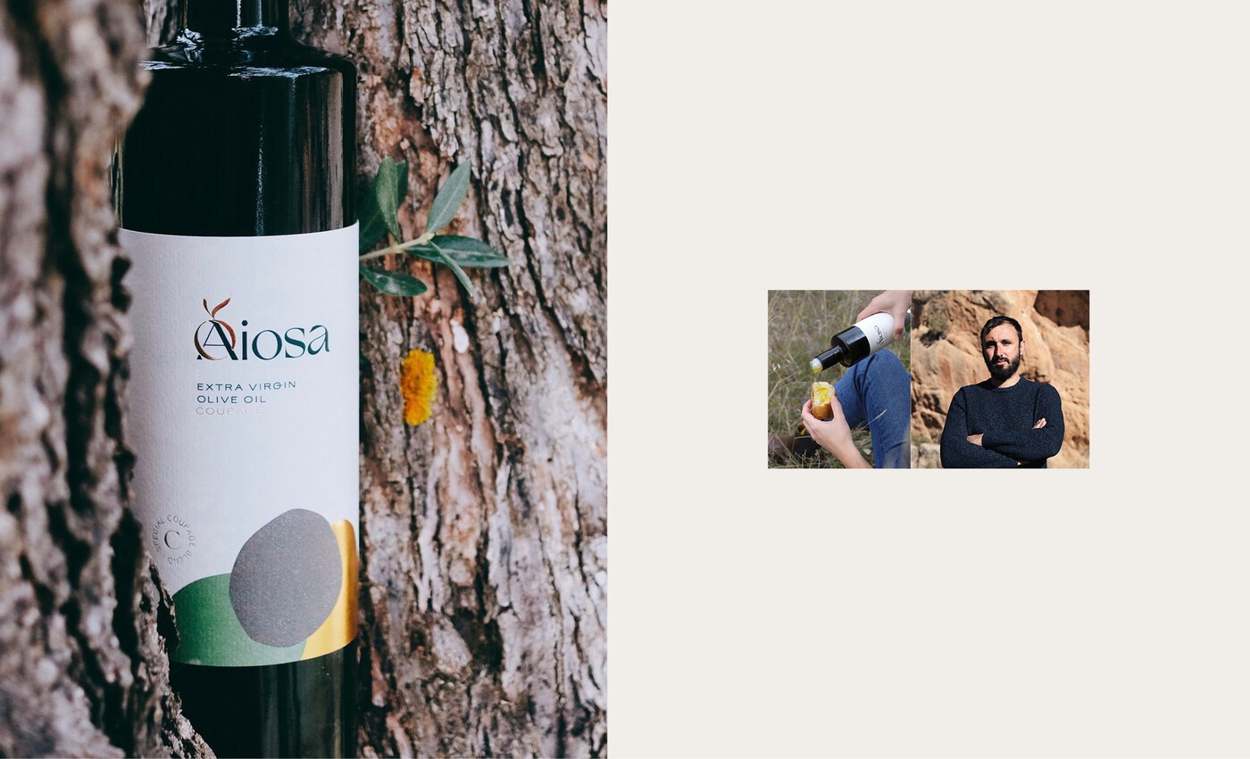 Foto de la botella de aceite de oliva Aiosa apoyado en un árbol, y foto de Javier Esteban Carbonell a la derecha