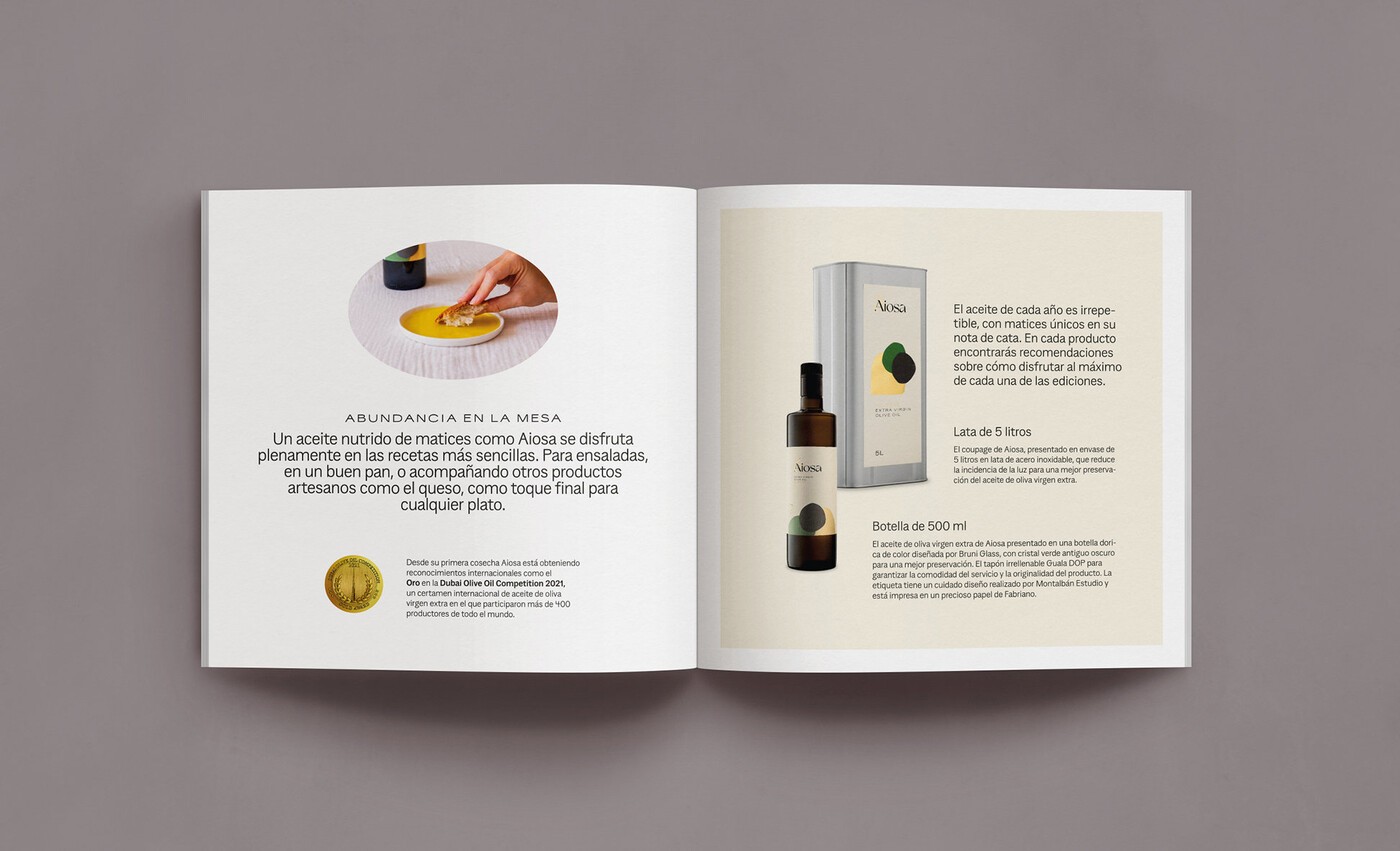 Diseño editorial del catálogo corporativo de aceite de oliva virgen extra Aiosa 2